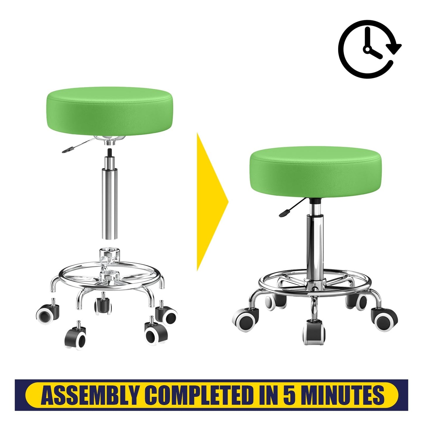 Rolling Stool, Heavy Weight Capacity 250lb, PU Leather Rolling stools, Ultra Soft Padded Seat, Rolling Stools with Wheels and Footrest, 360° Swivel, Spa Drawing Salon Work Office Tattoo Stool (Green)