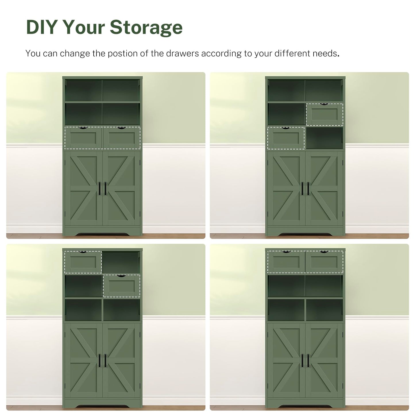 TEENFON Bathroom Cabinet with Adjustable Shelf & 2 Drawers, Farmhouse Storage Cabinet with 2 Doors, Kitchen Storage Cabinets for Living Room, Entryway, Home Office, Forest Green
