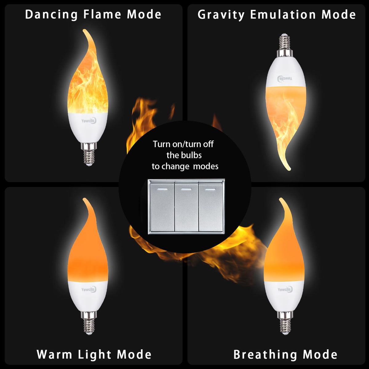 Yewclls Flame Bulbs E12 LED Flame Light Bulbs 3 Mode LED Candelabra 2W Flickering Effect Light Bulbs for Halloween Christmas Home Decor (4 Pack-Yellow)