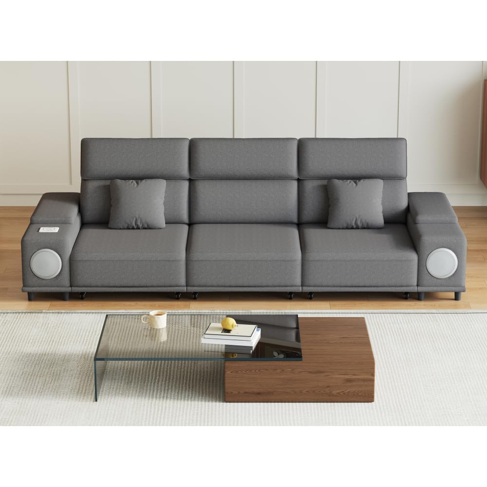 3-Seater Power Recliner Sofa with Remote Control, Bluetooth Speakers & Wireless Charging, Electric Reclining Sectional Couch with 2 Storage Boxes, USB Ports, for Living Room