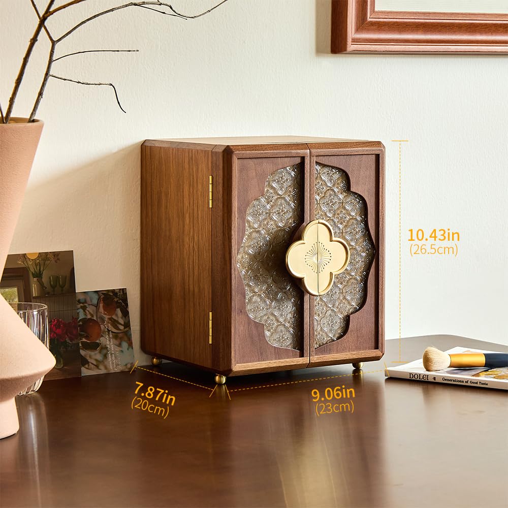 Double Door Jewelry Box - Black Walnut Wood, Velvet Lining, Gold Handle, Magnetic Closure, Handmade Storage for Birthday, Wedding| 5-Layer