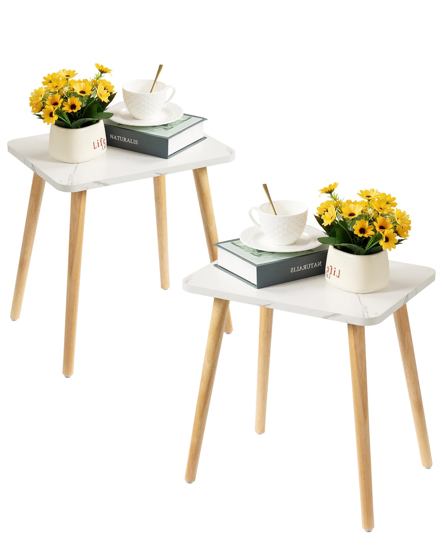 FORAOFUR Small Side Table, Set of 2 Modern Mini Coffee Table with Natural Wood Legs, Quick Assembly End Furniture for Bedroom Living Sofa, Minimalist Design for Nursery and Compact Homes, Marble