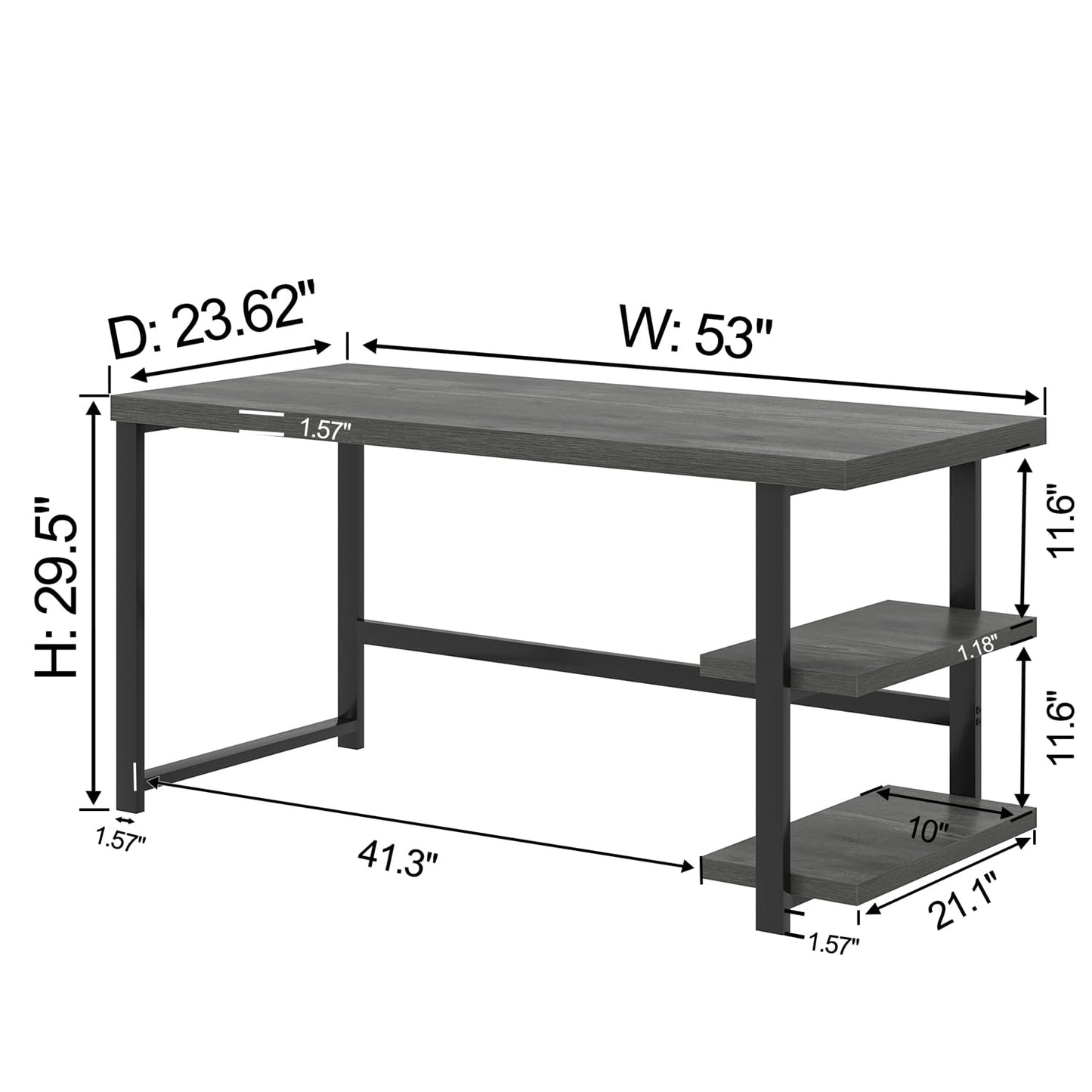 EXCEFUR Industrial Computer Desk, Home Office Desk with Storage Shelves, Wood Study Writing Table for Bedroom, Living Room, Grey, 53 Inch