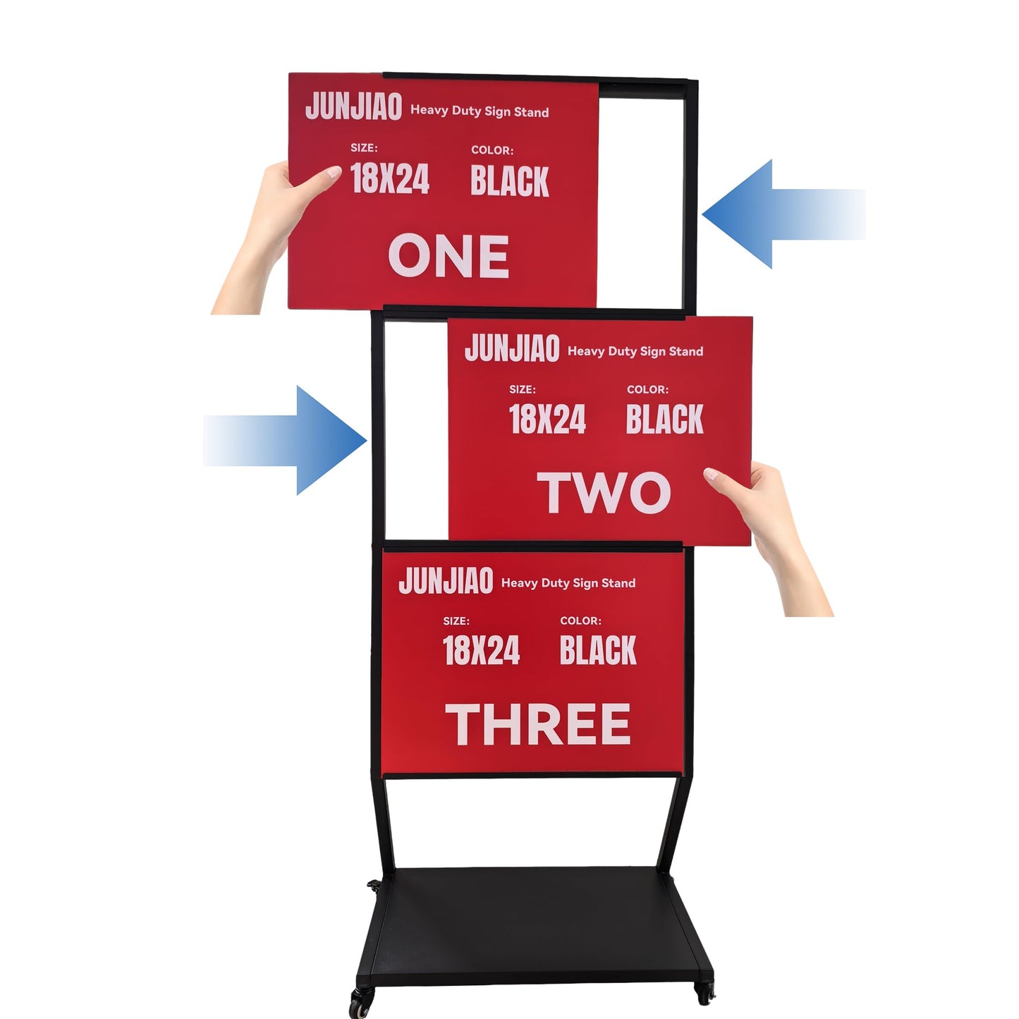 JUNJIAO Sign holder floor stand, Heavy duty rolling pedestal poster banner stand, Triple 18"x24" Multi-Poster Display with 3 Backboards & Anti-Glare Lenses, Side-Loading Commercial Signage Stand for Retail, Menus & Trade Shows