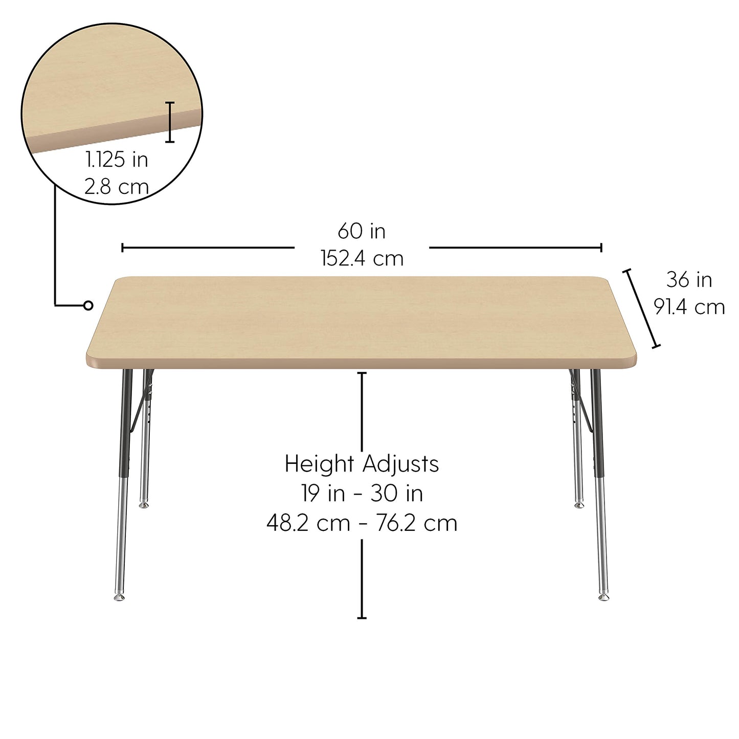 Factory Direct Partners FDP La Madera Rectangle Activity Table (36 x 60 inch), Standard Legs with Swivel Glides, Adjustable Height 19-30 inches Modern Professional Woodgrain Tabletop - Maple/Black
