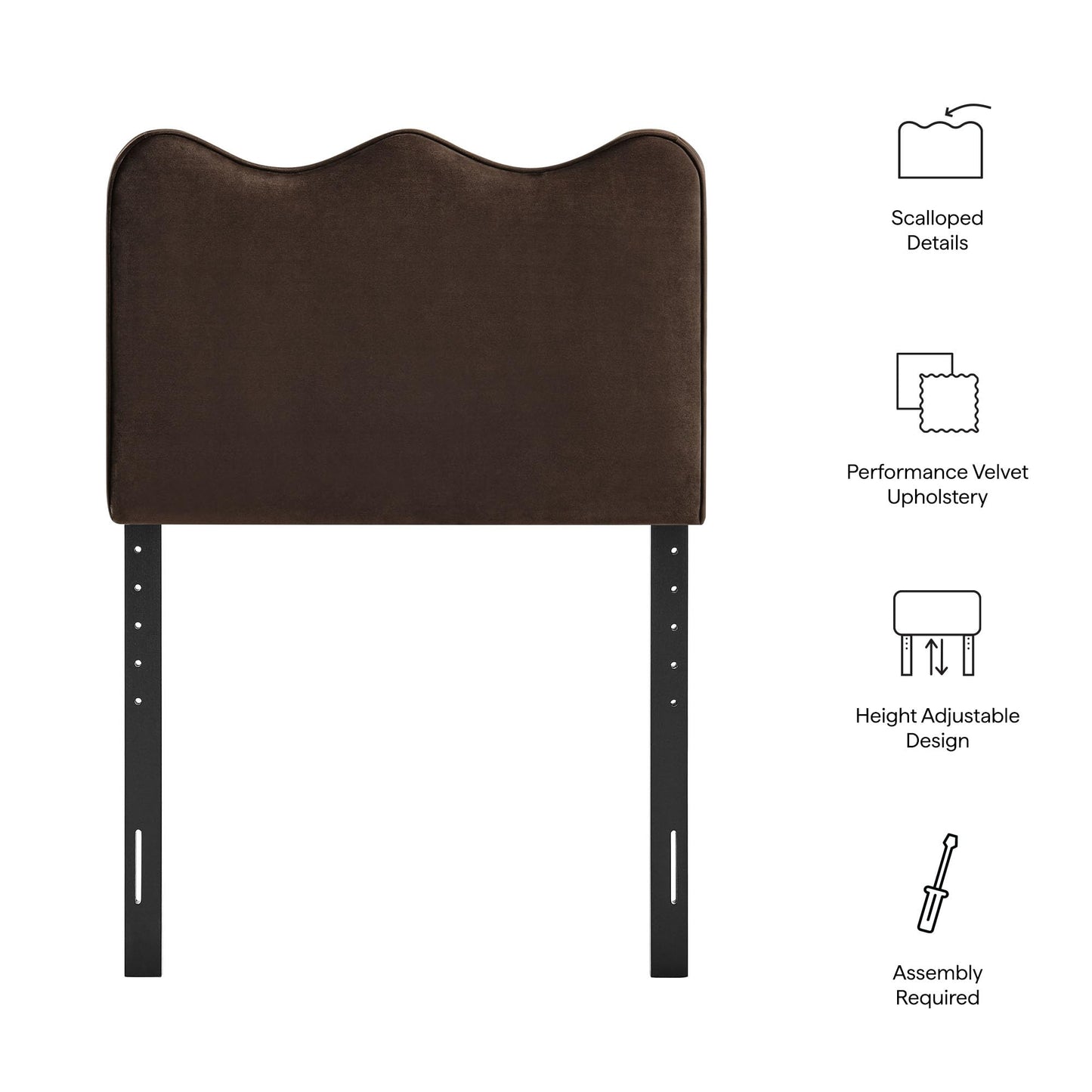 Monday Athena Twin Size Performance Velvet Adjustable Headboard in Chocolate Brown - with Scalloped Wave Design and Stain-Resistant Velvet Upholstery