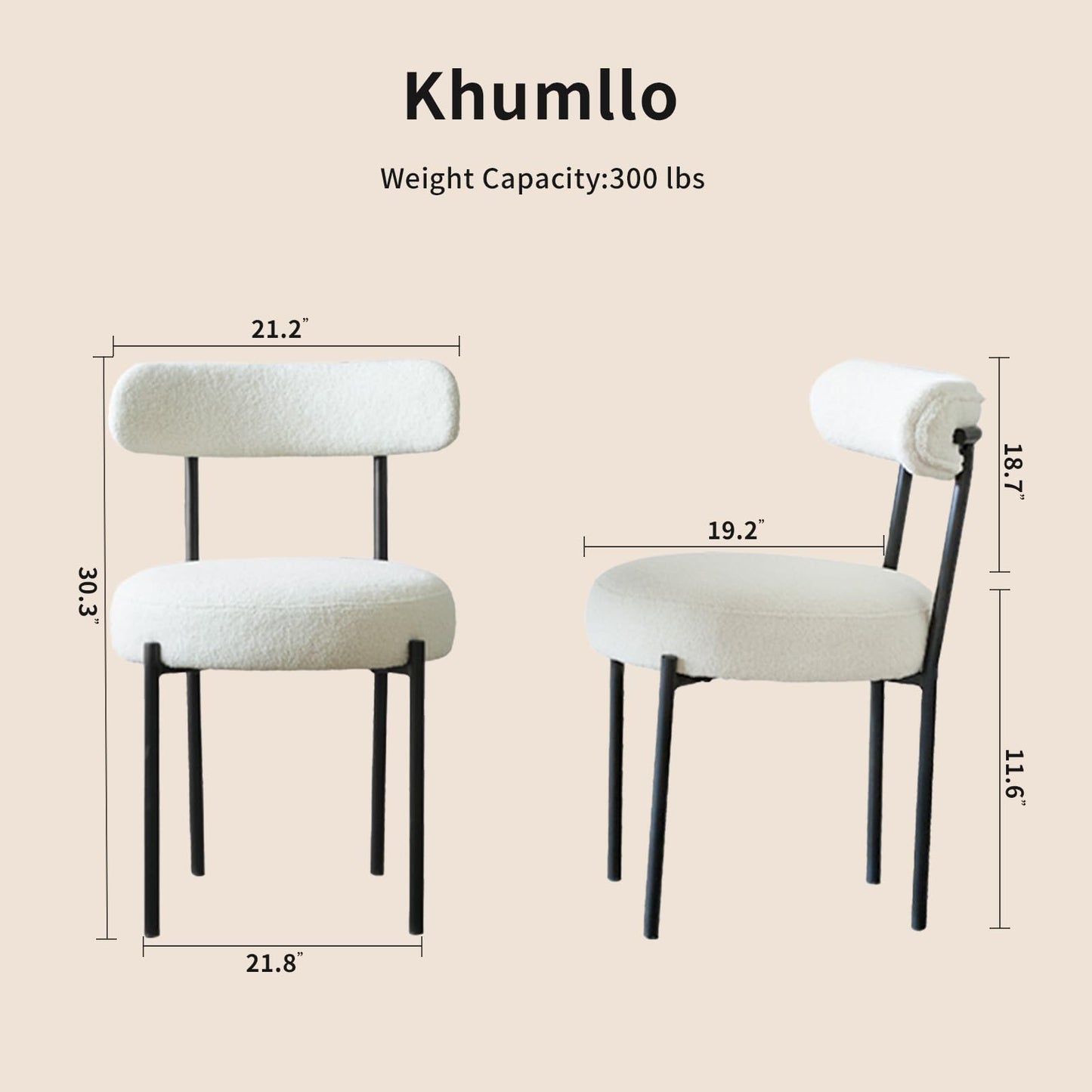 khumllo Dining Chairs Set of 2, Boucle Upholstered Modern Mid Century Round Kitchen Chairs with Curved Backrest & Metal Legs for Vanity, Living Room (Light Gray)