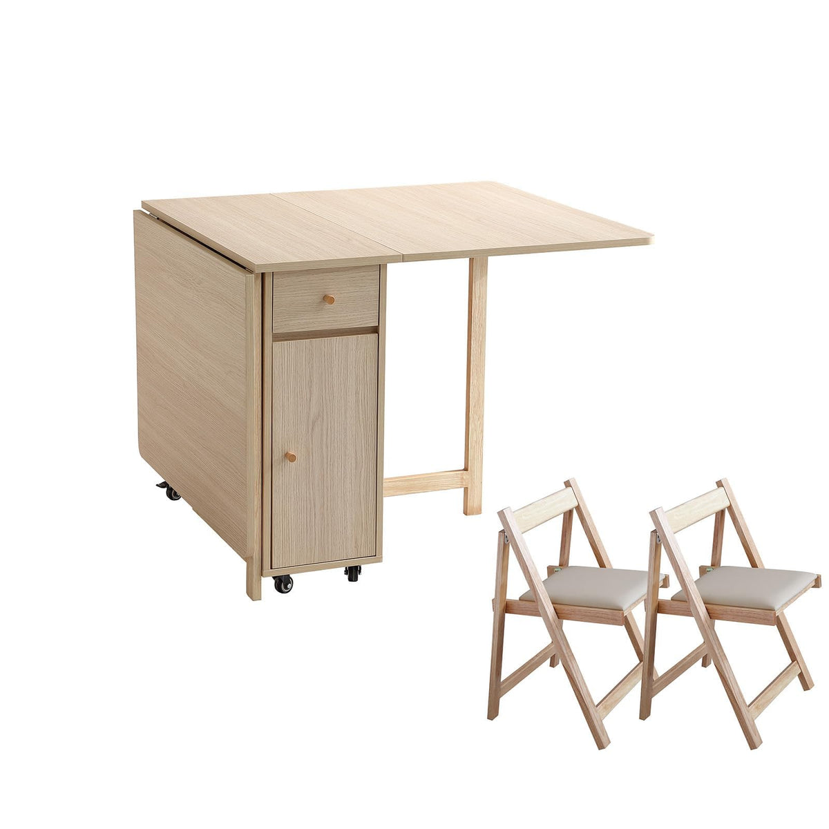 COMUHOME Wood Drop Leaf Folding Dining Table with 2 Drawers and 4 Wheels, Wood Padded Folding Chairs Set of 2, Space Saving Dining Table with 2 Chairs