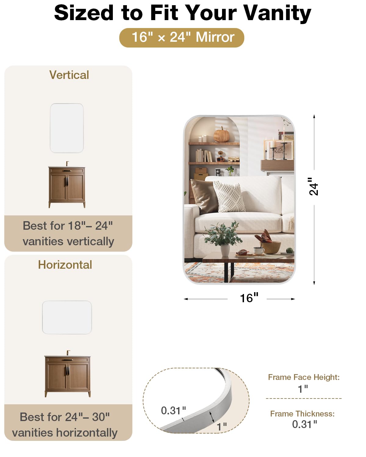 Umzodo 16x24 Inch Brushed Nickel Rounded Rectangle Vanity Mirror with HD Reflection, Shatter-Resistant Tempered Glass Bathroom Mirror for Over Sink, Aluminum Frame, Horizontal or Vertical