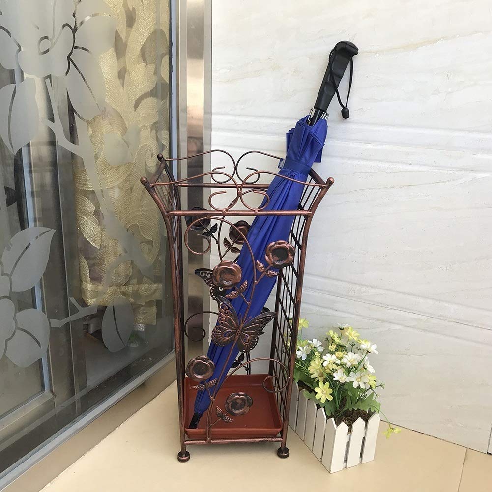 CHEWYNP Square Red Copper Floral Designed Metal Umbrella and Walking Stick Stand, Home Office Hallway Storage,Umbrella Stand
