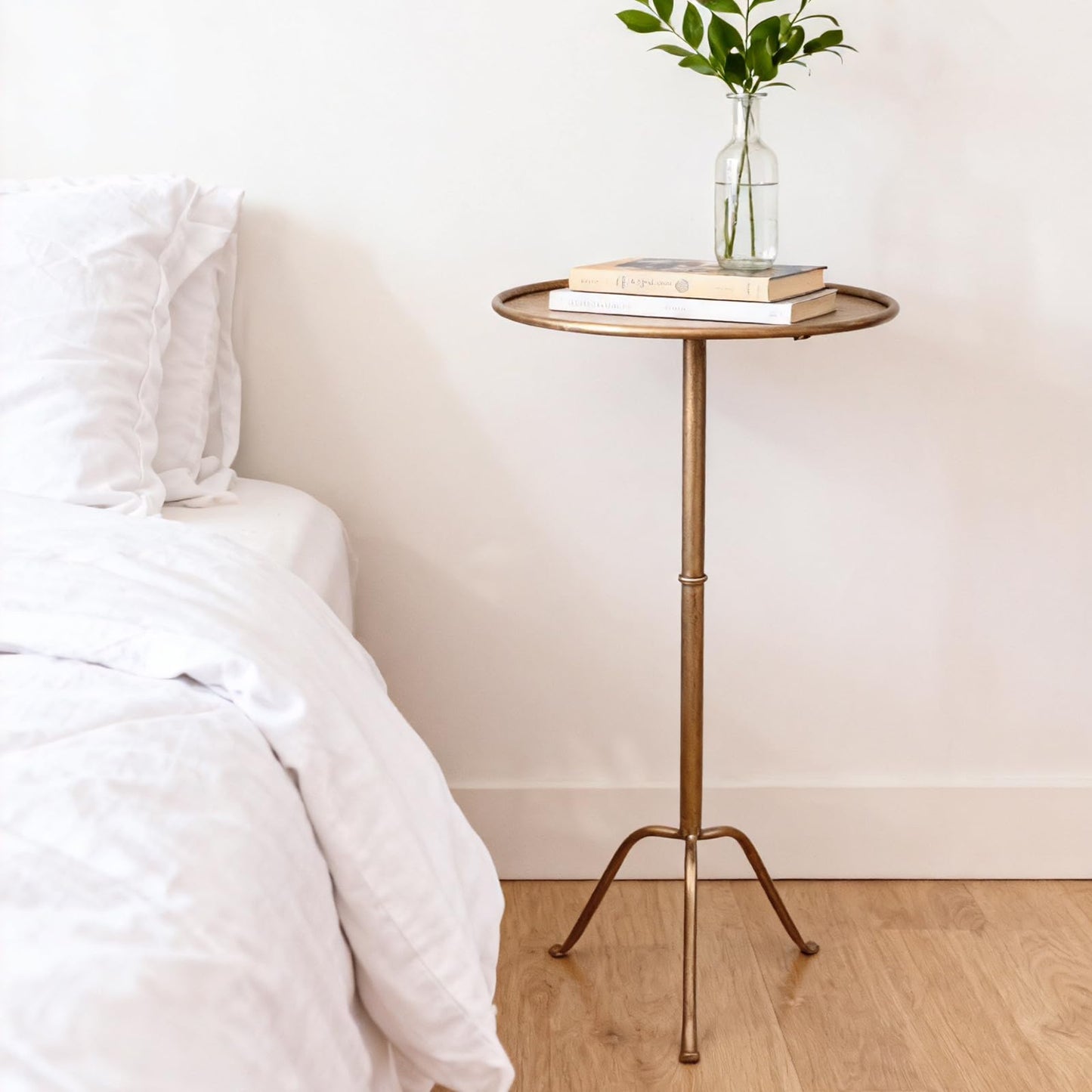 SUJUN Metal Martini Side Table, Antique Brass – Compact Art Deco Design, Raised Edge, Easy Assembly, 12.5" Diameter, 27.5" Height, Stylish and Functional Cocktail Table