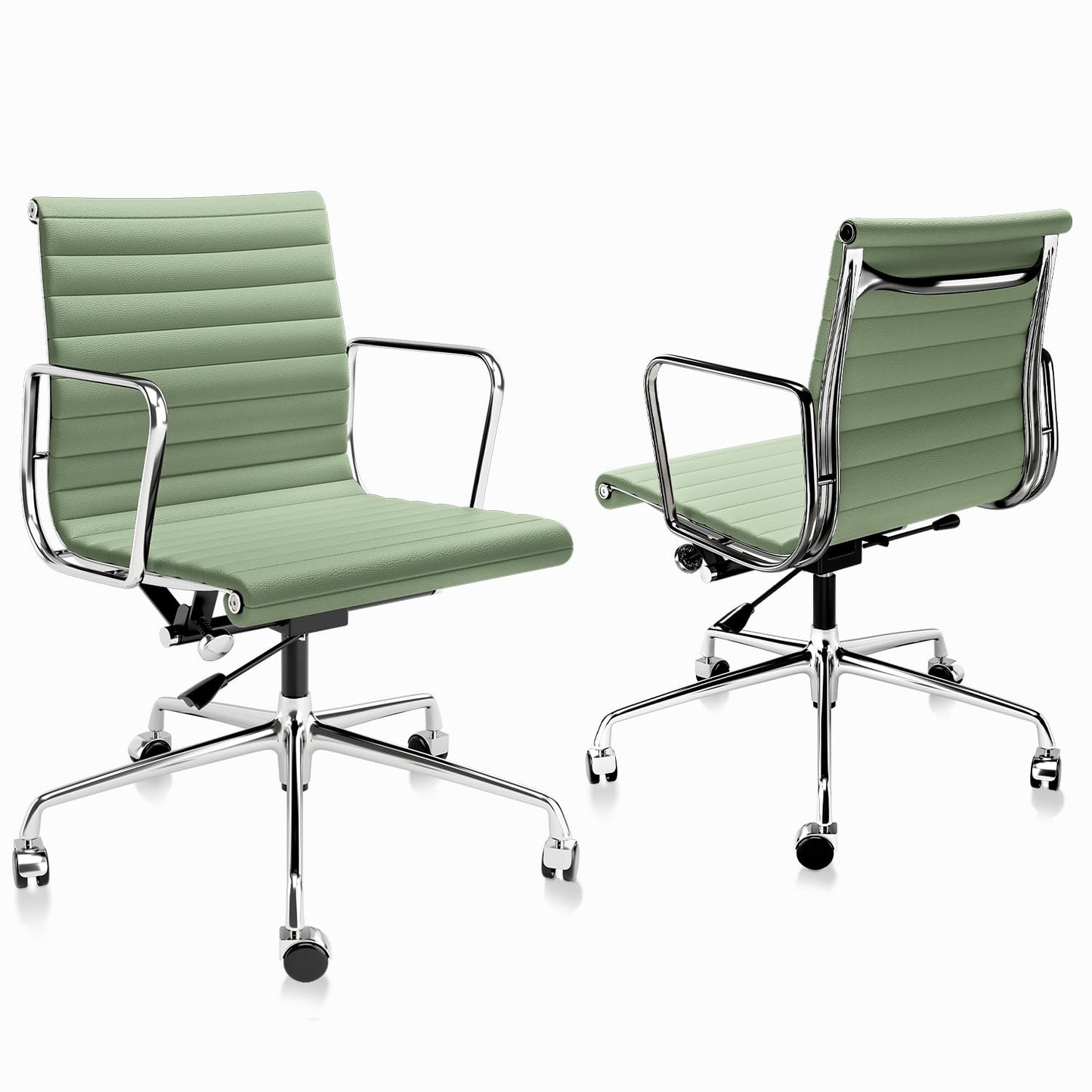 OTDMEL Ribbed Office Chair with Top Grain Leather - Mid Back Ergonomic Desk Chair with Aluminum Arms & Frame, Swivel Wheels & Tilt Function, Adjustable Height Light Green