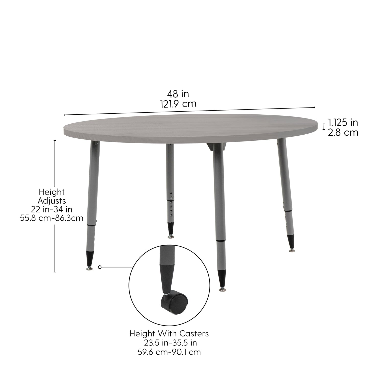 Adapte Commercial Classroom Activity Table - 48" Round Woodgrain, ADA Compliant Tapered Legs with Glides & Casters, Adjustable Height 22-34" Wheelchair Accessible, School & Office Furniture