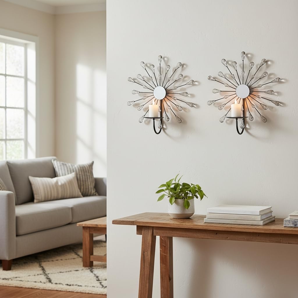 ZEXUIRU 2 Set Starburst Candle Sconces for Wall Decor Living Room Bedroom Dining Room Metal Bling, Crystal, Mirrored Modern Wall-Mounted Candle Sconce Holders Hanging Decor-Silver 13in