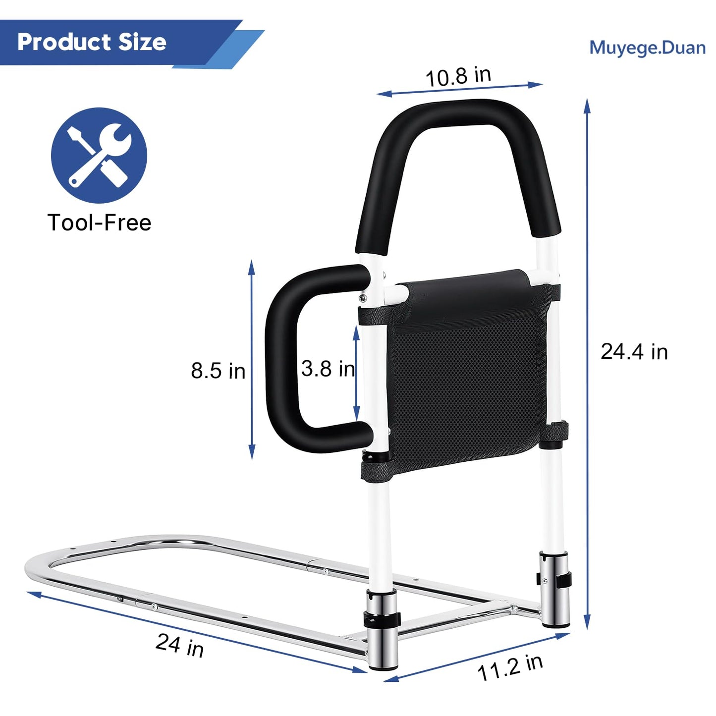 Muyege.Duan Bed Rail for Elderly Adults – Adjustable Bed Assist Handle with Non-Slip Foam Grip, Storage Pocket & Safety Strap Tool-Free Installation Bedside Rail for Seniors, Injured or Pregnant Users