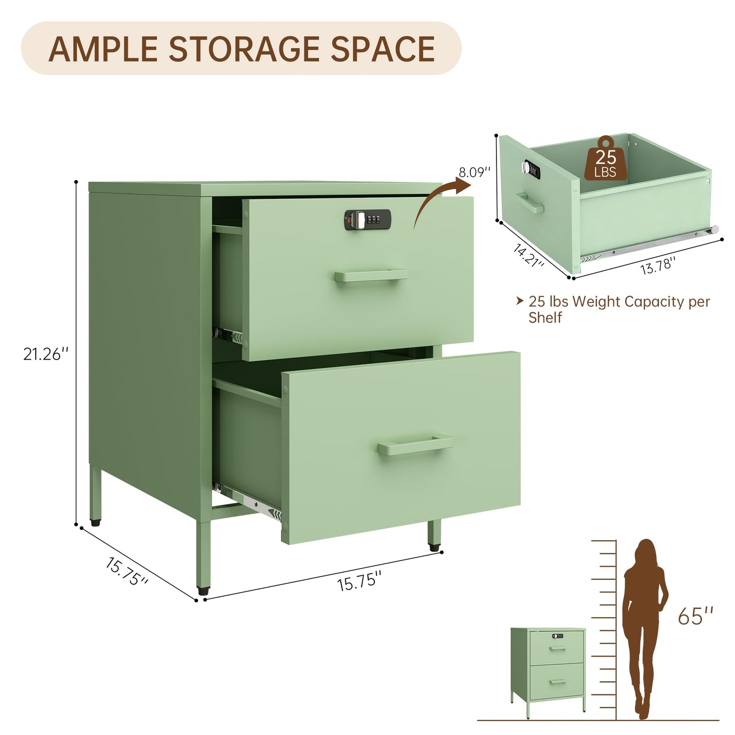 Steehoom Metal Nightstand with Lock, 2 Drawer End Side Table, Lockable Storage Cabinet Kids Cabinet for Living Room, Bedroom, Dorm, 21.26”H X 15.75”W X 15.75”D (2 Drawer, Green)