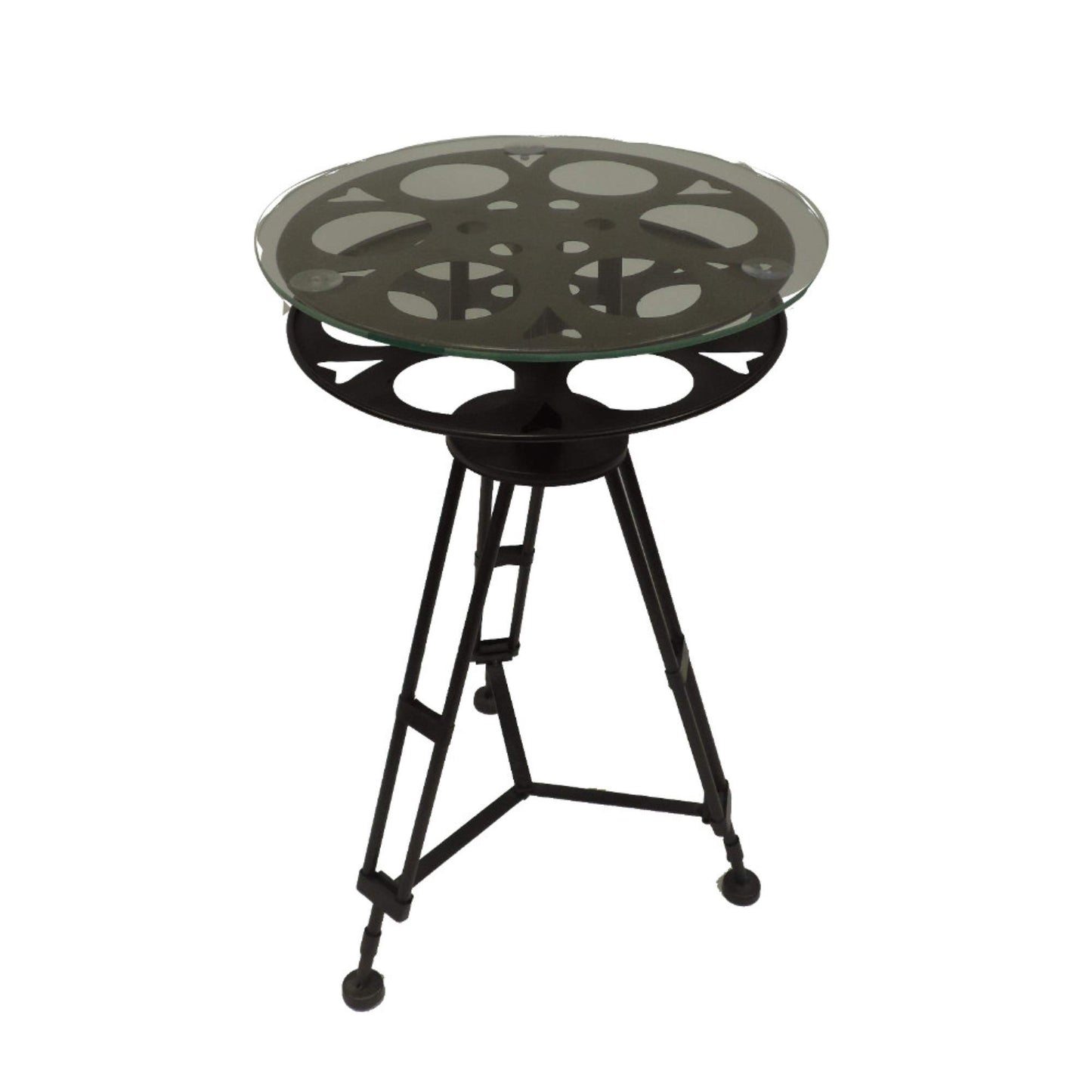 Deco 79 Metal Side End Accent Table Film Reel End Table with Tripod Legs and Glass Top, Side Table 15" x 15" x 25", Black
