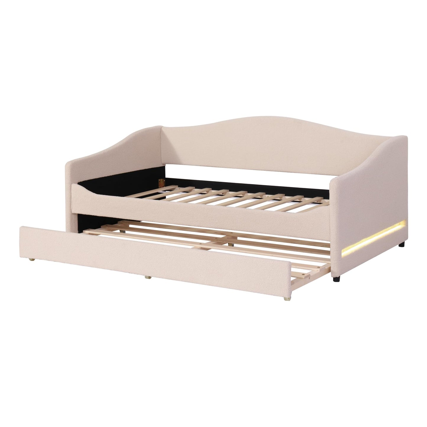 Twin Size Teddy Fleece Upholstered Daybed with Trundle and LED Lights, Daybed Frame with Stripe Design, Soft Fabric Sofa Bed with Slat Support, Space Saving Bed for Bedroom Living Room, White