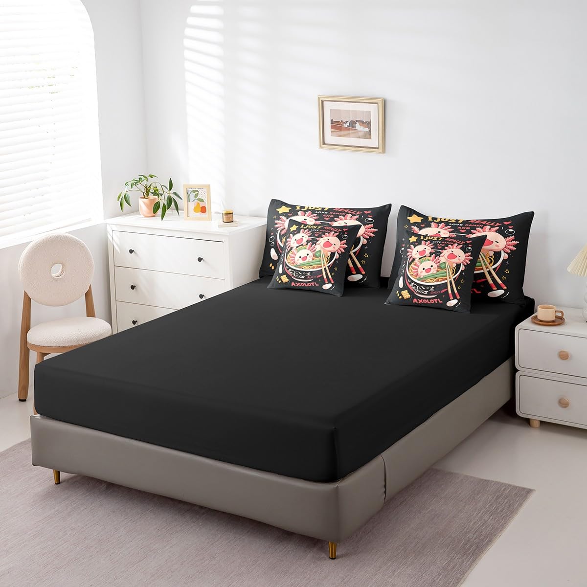 Erosebridal Funny Axolotl Queen Bedding Set,Ramen Noodle Comforter Set Gifts for Ramen Lovers,Food Themed Bed Set 7Pc Japanese Anime Style Bed in a Bag with Fitted Sheet,Flat Sheet,Pillowcases