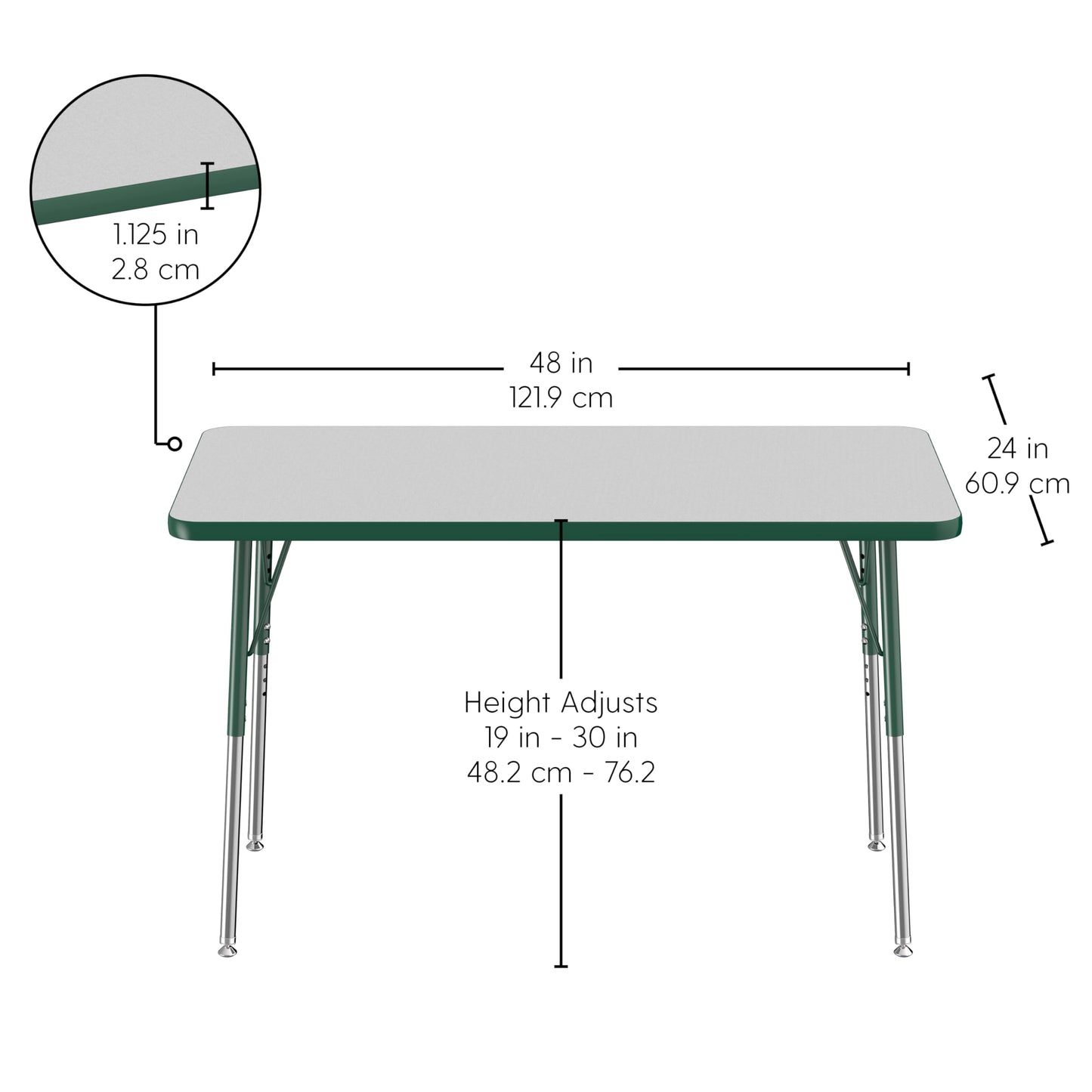 FDP Rectangle Activity School and Office Table (24 x 48 inch), Standard Legs with Swivel Glides, Adjustable Height 19-30 inches - Gray Top and Green Edge
