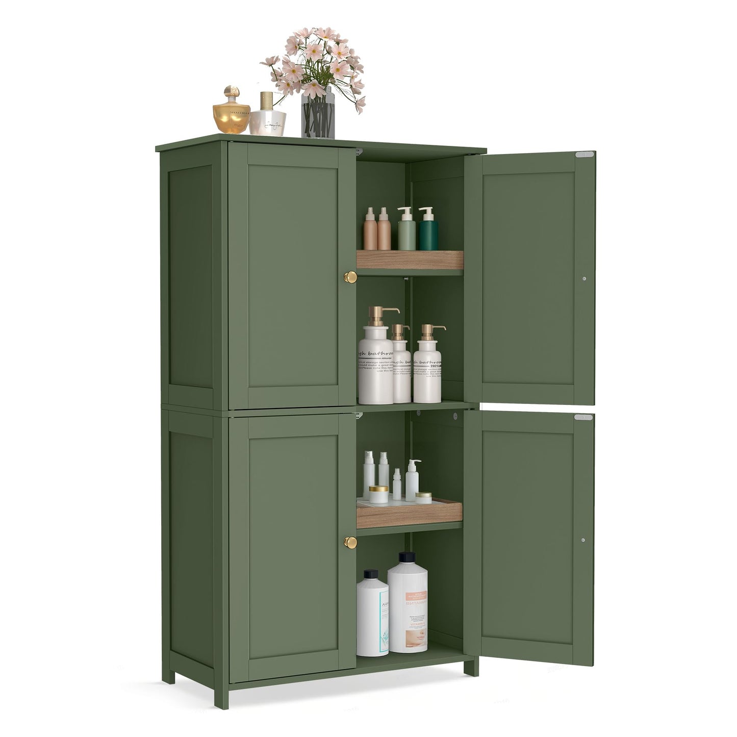 VASAGLE Floor Storage Cabinet, Shaker Cabinet with 2 Adjustable Shelves, 4 Doors, Tall Freestanding Organizer Unit, for Kitchen Bathroom Living Room, Forest Green UBBC553CH01S