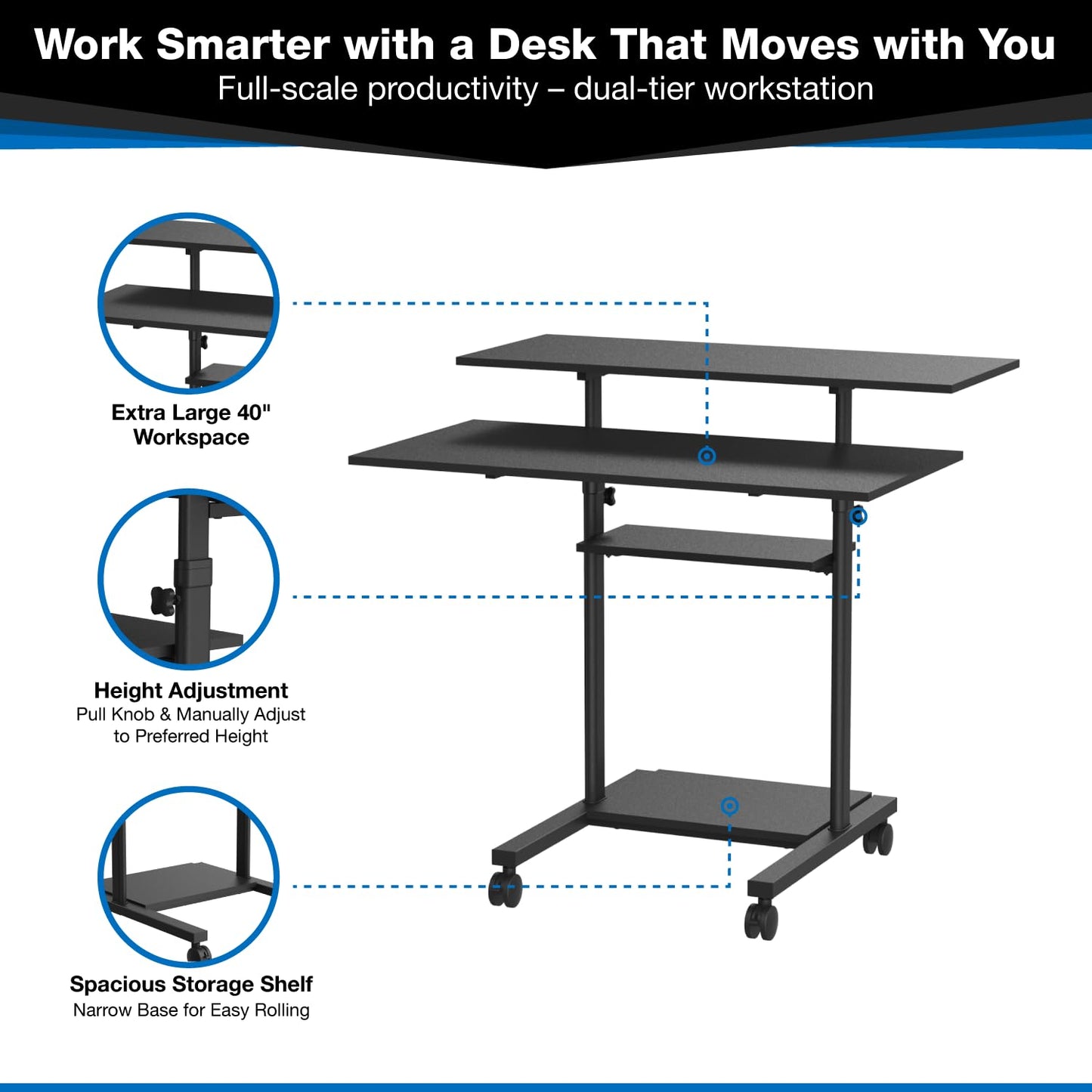 Mount-It! Mobile Desk Workstation 40 Inch Wide Large Rolling Computer Desk is Height Adjustable to 64 Inches, Sit Stand Computer Cart with Multi Level Shelves on Wheels in Black
