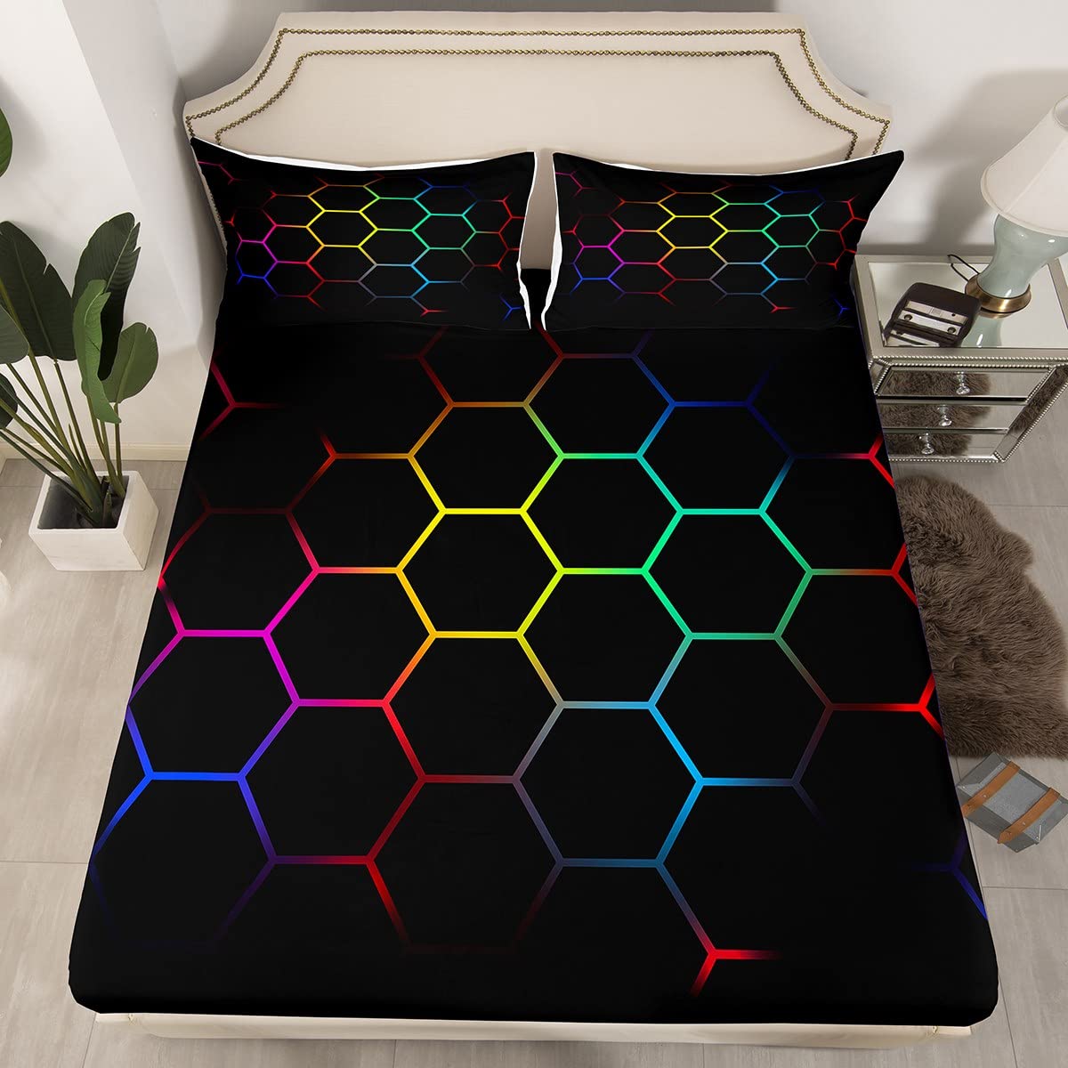Hexagonal Bedding Sheets Geometric Honeycomb Bed Sheet Set for Kids Boys Girls Beehive Hexagon Bedding Fitted Sheet Yellow Red Green Black Blue Decor Bed Cover Bedroom Collection 3Pcs Queen Size