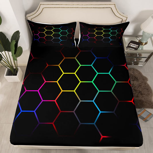 Hexagonal Bedding Sheets Geometric Honeycomb Bed Sheet Set for Kids Boys Girls Beehive Hexagon Bedding Fitted Sheet Yellow Red Green Black Blue Decor Bed Cover Bedroom Collection 3Pcs Queen Size