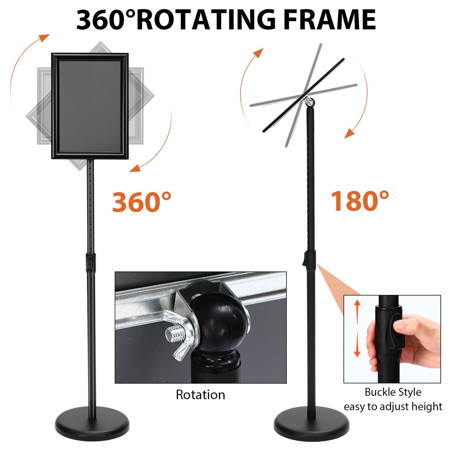 Feifeiya 6 Pack Adjustable Sign Stand Holder 8.5'' x 11" Floor Standing Sign with Base and Snap open Frame Pedestal Stand for Indoor Outdoor Display Vertical Horizontal View(Square Corner,Black)