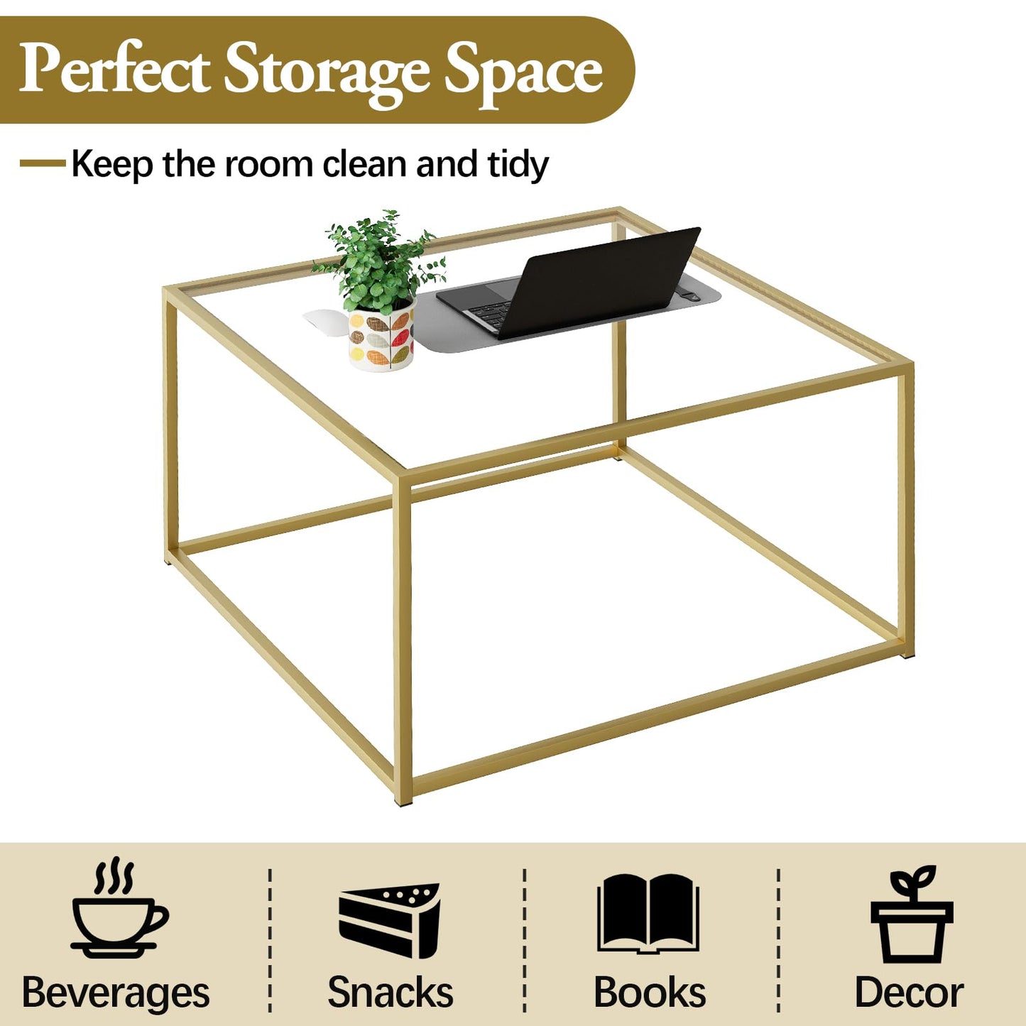 Glass Coffee Table, Small Square Coffee Table for Living Room,Simple Modern Center Tables for Small Spaces, Gold Living Room Tea Tables Easy Assembly,26 * 26in（Gold & Clear Glass）