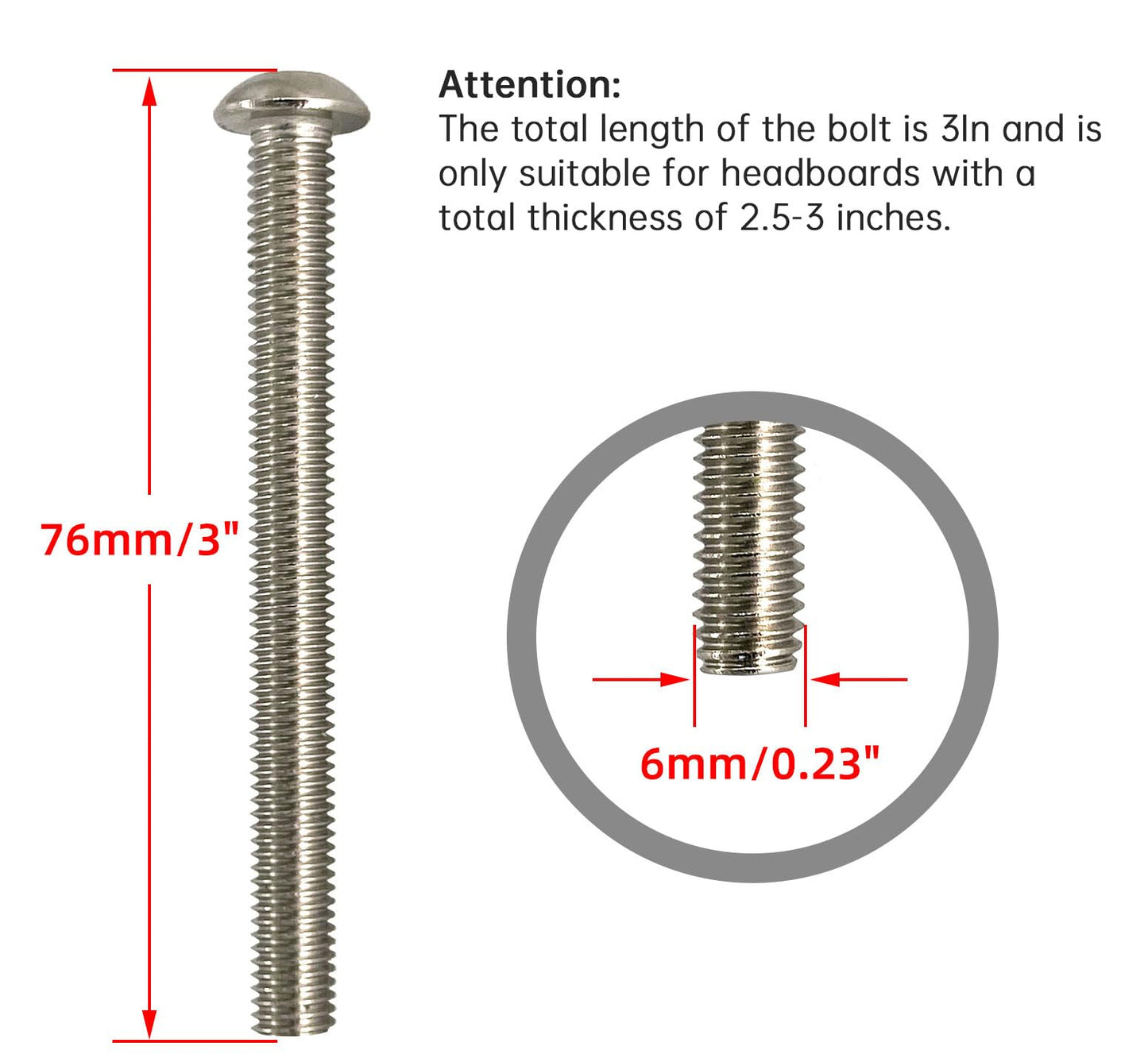 Universal Headboard & Footboard Hardware Kit - 304 Stainless Steel Nuts & Bolts for Bed Frame, Headboard & Footboard（The Total Length of The Bolt is 3 inches）