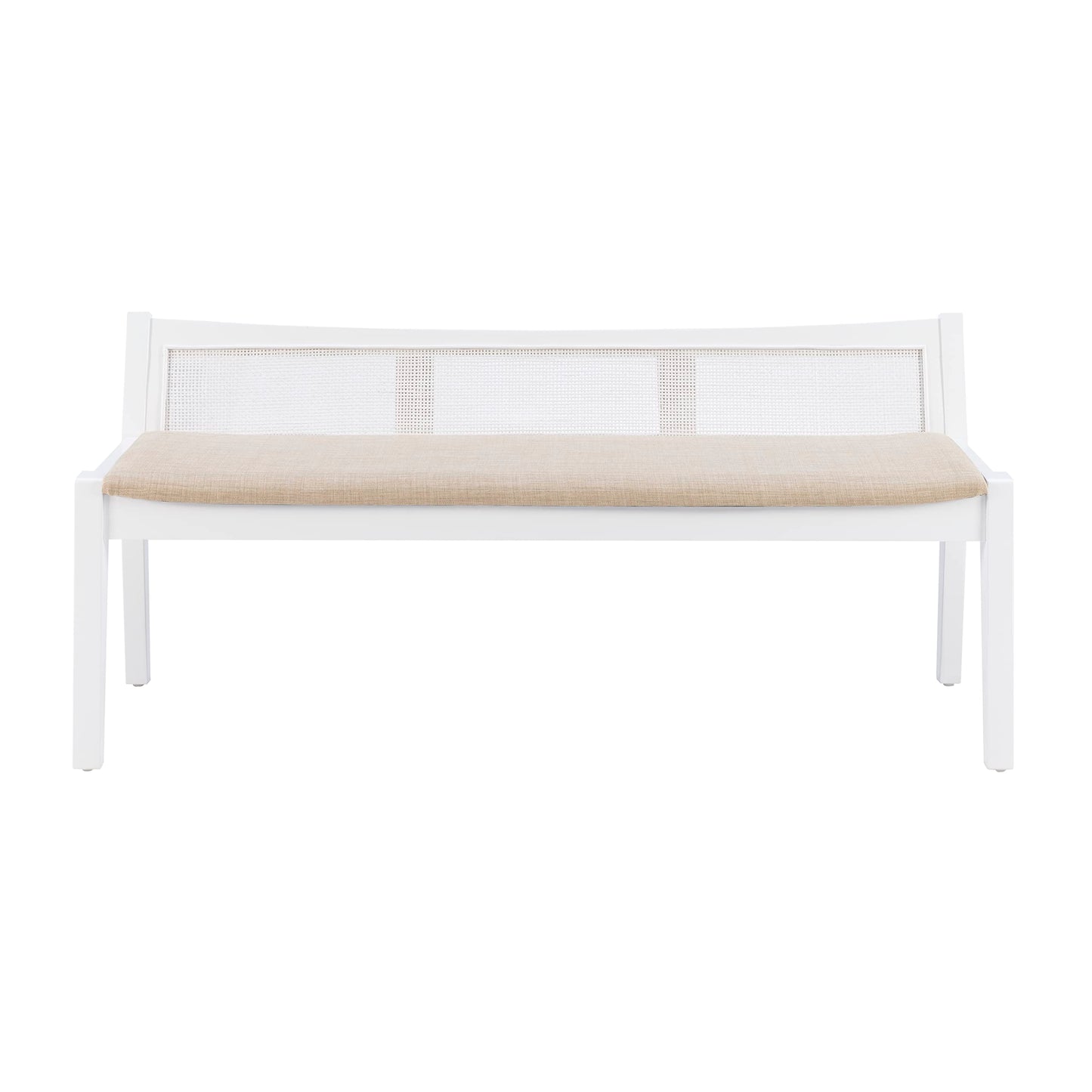 Kasi White Low Back Cane Bench with Beige Upholstered Seat by Powell