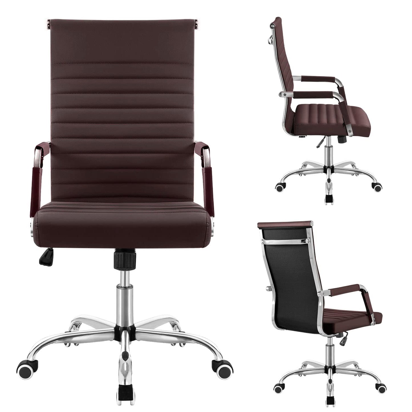 Shahoo Ribbed Office Chair, Mid-Back PU Leather Office Chair Executive Task Chair with 360° Swivel Wheels for Conference Room, Home Offices (Brown)