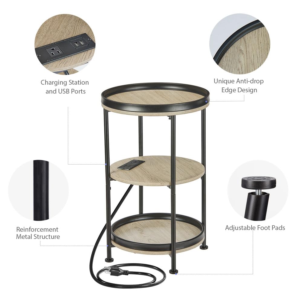 Dulcii Round Side Table with Charging Station, End Table with 3 Shelves for Living Room, Bedroom Nightstand for Small Spaces, Industrial Round Sofa Table with Steel Frame (USB+Oak)