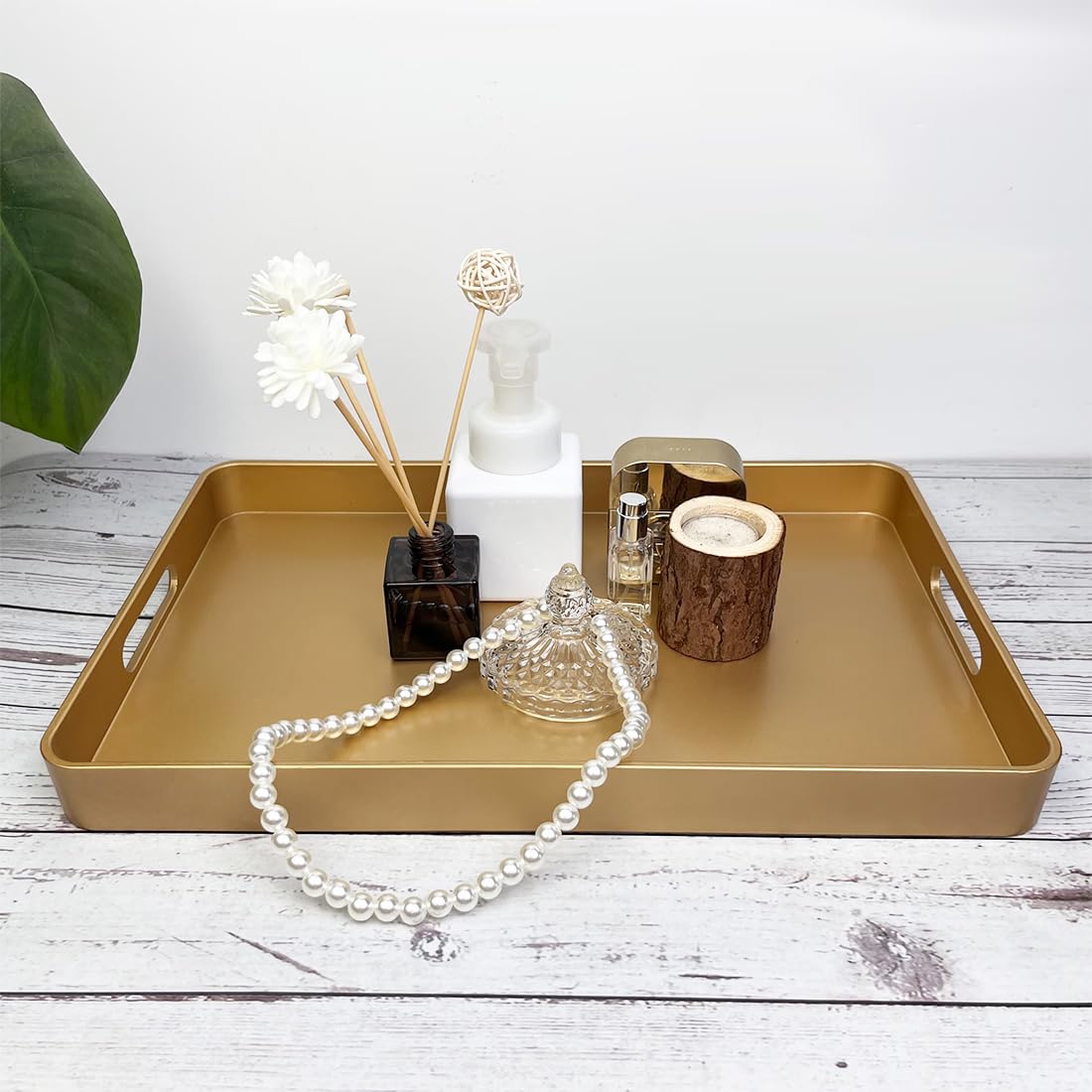 UOEKCS Gold Decorative Tray, Serving Tray with Handles, Plastic Rectangular Tray for Ottoman Coffee Table, Bathroom, Living Room. 15.7"*10.2"