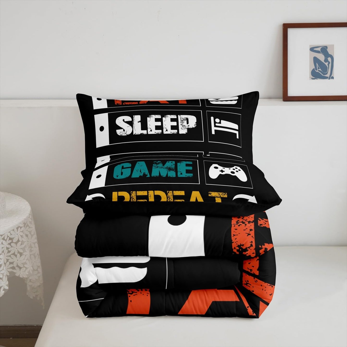Boys Gaming Comforter Sets for Kids Queen Size Gamer Bedding Set Teens Video Games Comforter Duvet Room Decor Funny Creative Eat Sleep Game Repeat Design Reversible Inner Fill Quilt Set All Season