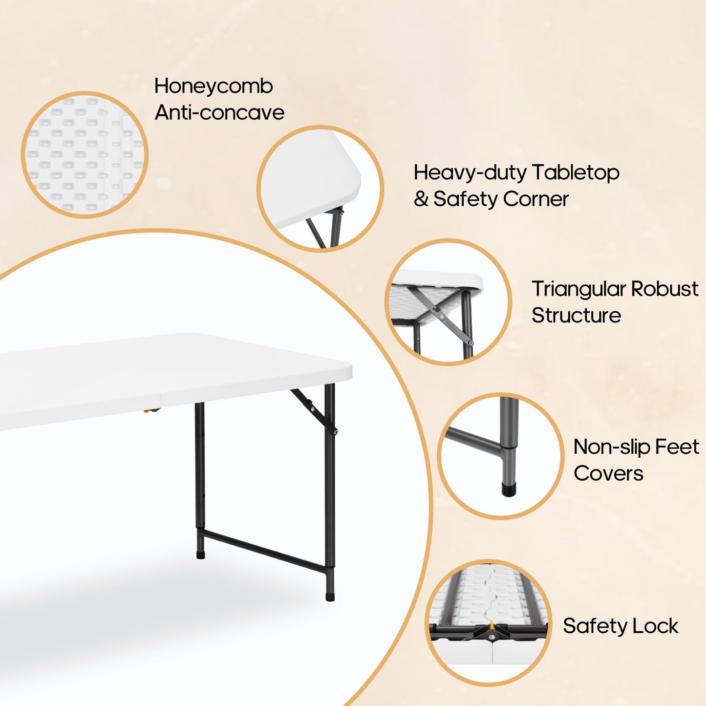 GlowitLian 4ft Folding Table with Adjustable Height, 3-Level Foldable Table with HDPE Top & Steel Legs, Portable 4 Foot Folding Table for Picnic, Party, Craft, Indoor Outdoor Use, White