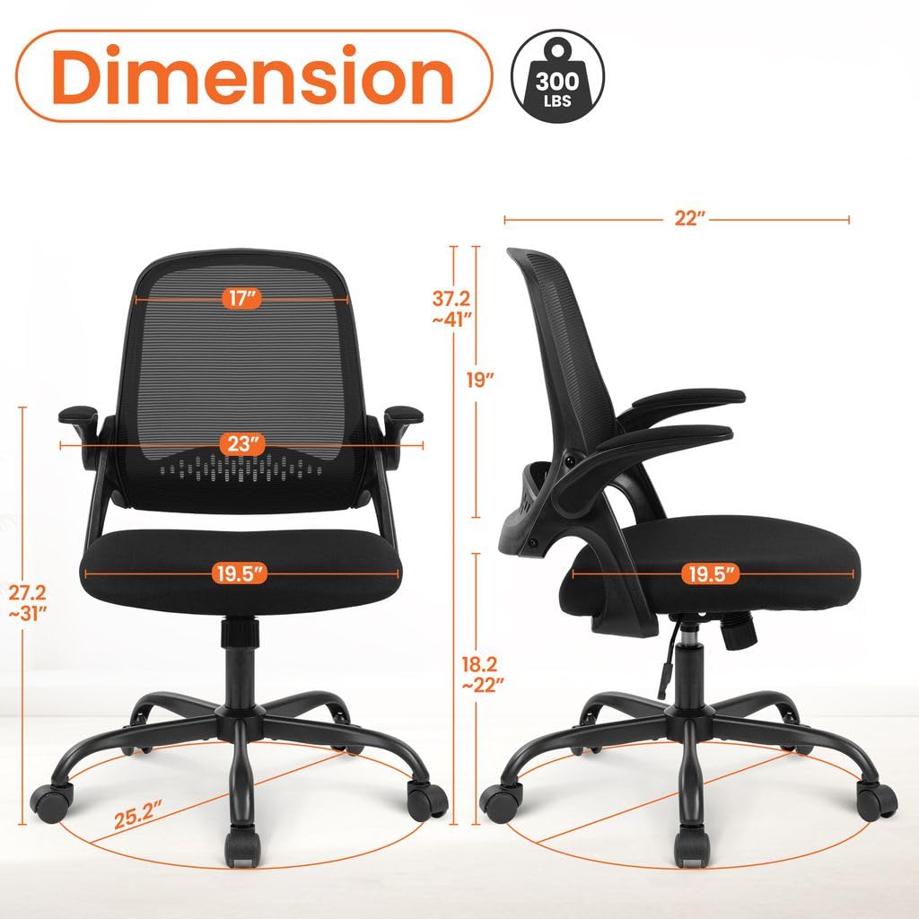 NEO Chair Office Chair Gaming Desk Computer Mesh Ergonomic Chair with Flip-up Arms Comfy Lumbar Support Adjustable Height Rolling Wheels Chair for Home Office (Black)