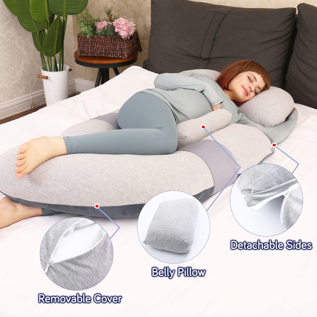 MOON PINE 60 inch Pregnancy Pillow, Detachable Maternity Body Pillow, Large U Shaped Sleeping Pillow for Pregnant Women with Removable Cover (Grey-Jersey)