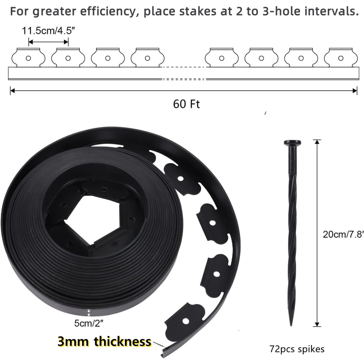 A ANLEOLIFE 20FT Plastic Landscape Edging, 2" Tall No-Dig Black Garden Border with 24 Spikes, Heavy-Duty Flexible Lawn Coil, Grass Barrier & Easy Install