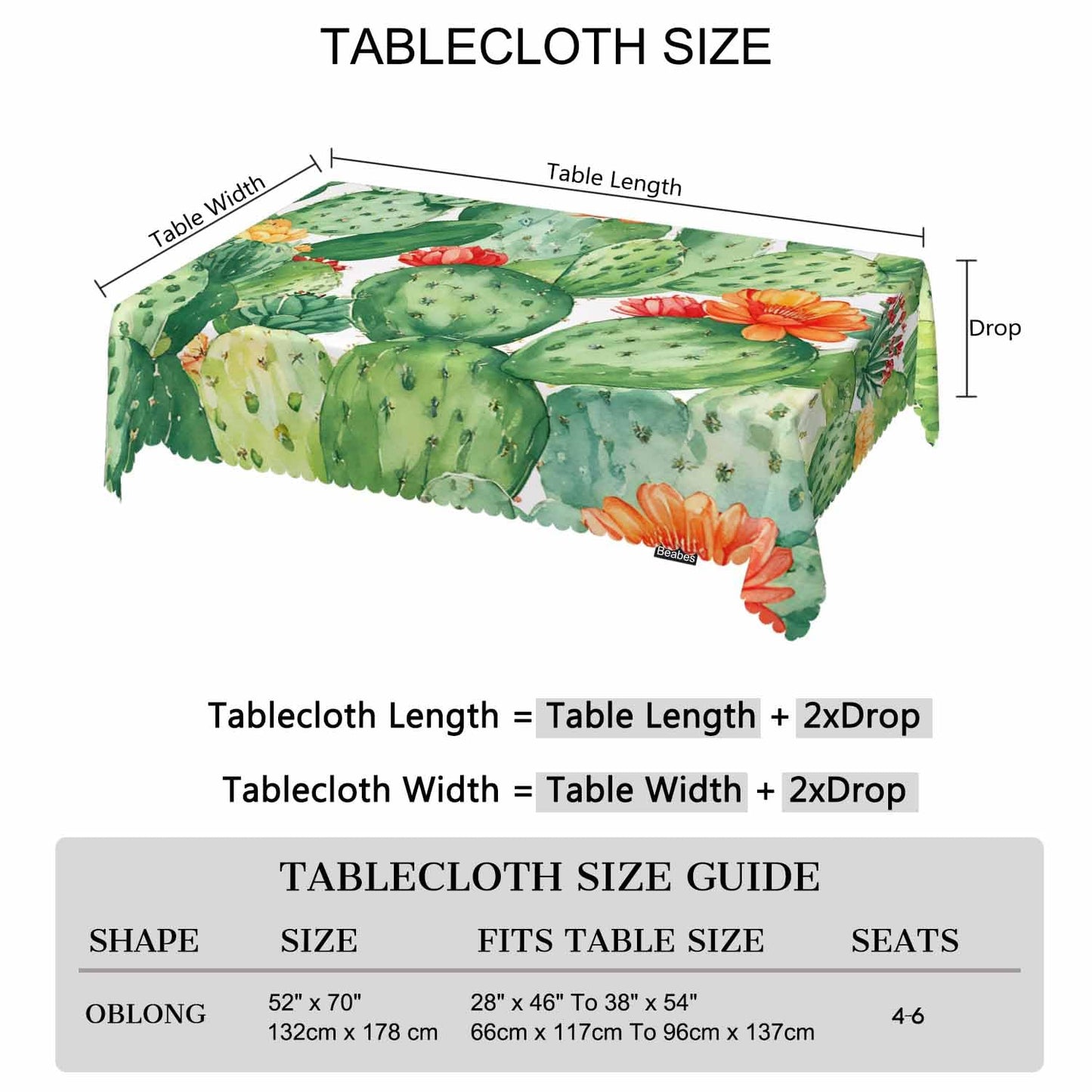 Beabes Cactus Green Rectangular Tablecloth 70" x 52" for Indoor & Outdoor Use, Polyester, Wrinkle Resistant, Fits Tables Seating 4-6