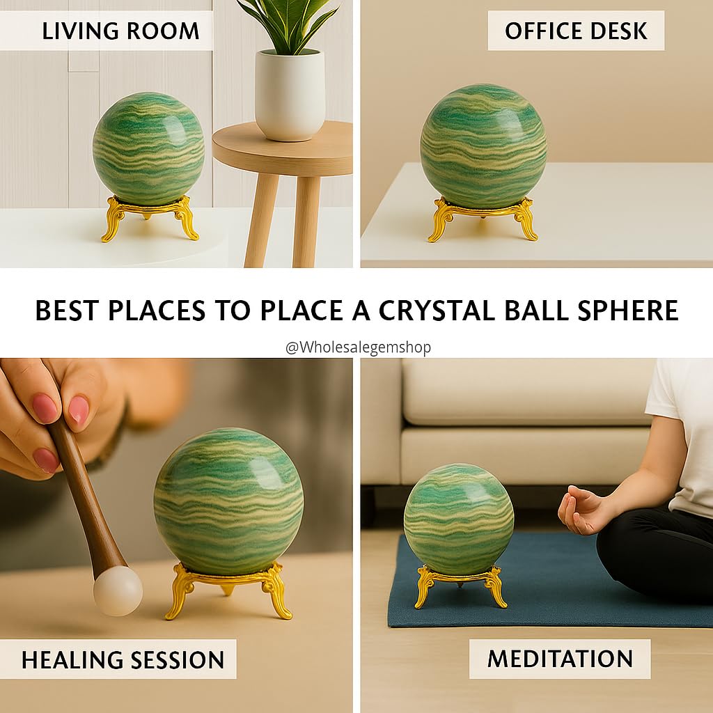 WholesaleGemShop Natural Green Ocean Jasper Quartz 40-45 mm Ball Sphere with Stand Gemstone A+ Hand Carved Crystal Altar Healing Devotional Spiritual Chakra Cleansing Metaphysical Gift for Men Women
