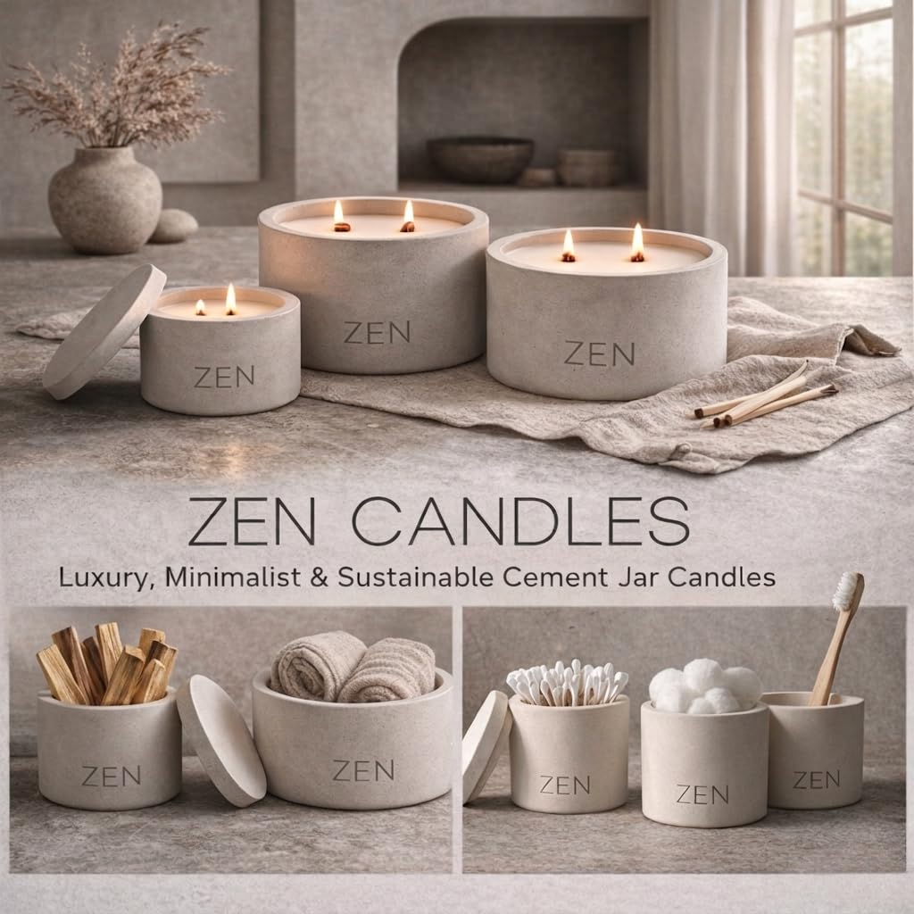 Zen Concrete Candle with Lid – Jasmine Rose Ylang Floral – 100% Beeswax, Minimalist Jar, Wooden Wick, Reusable Container Plant Pot Storage – Luxury-Inspired (Gray, Medium, JAD)