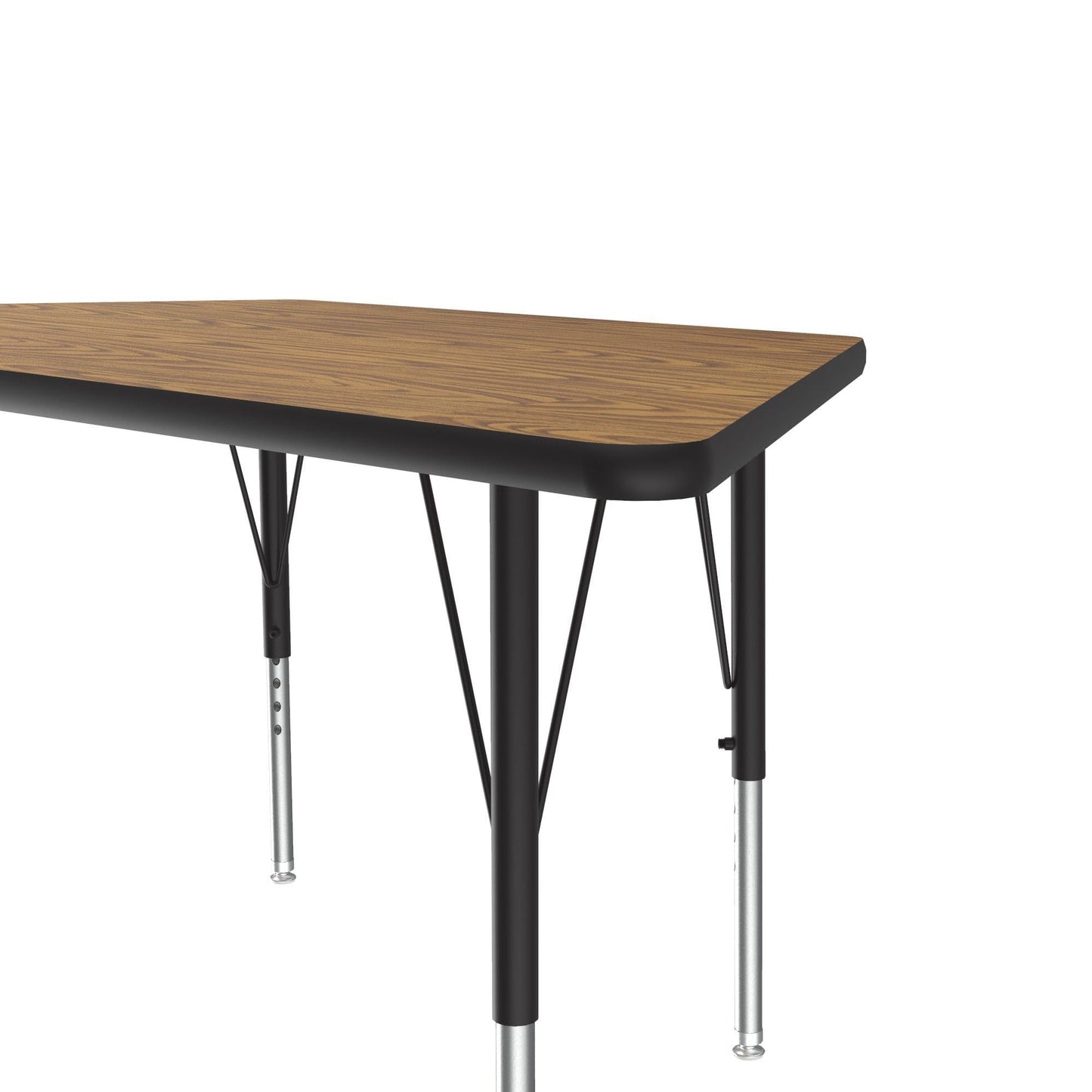 Correll 30"x60" Trapezoid Shaped Econoline Classroom Activity Table, Medium Oak Melamine Top, Height Adjustable (19"-29"), Black/Chrome Legs, School Furniture, Made in The USA