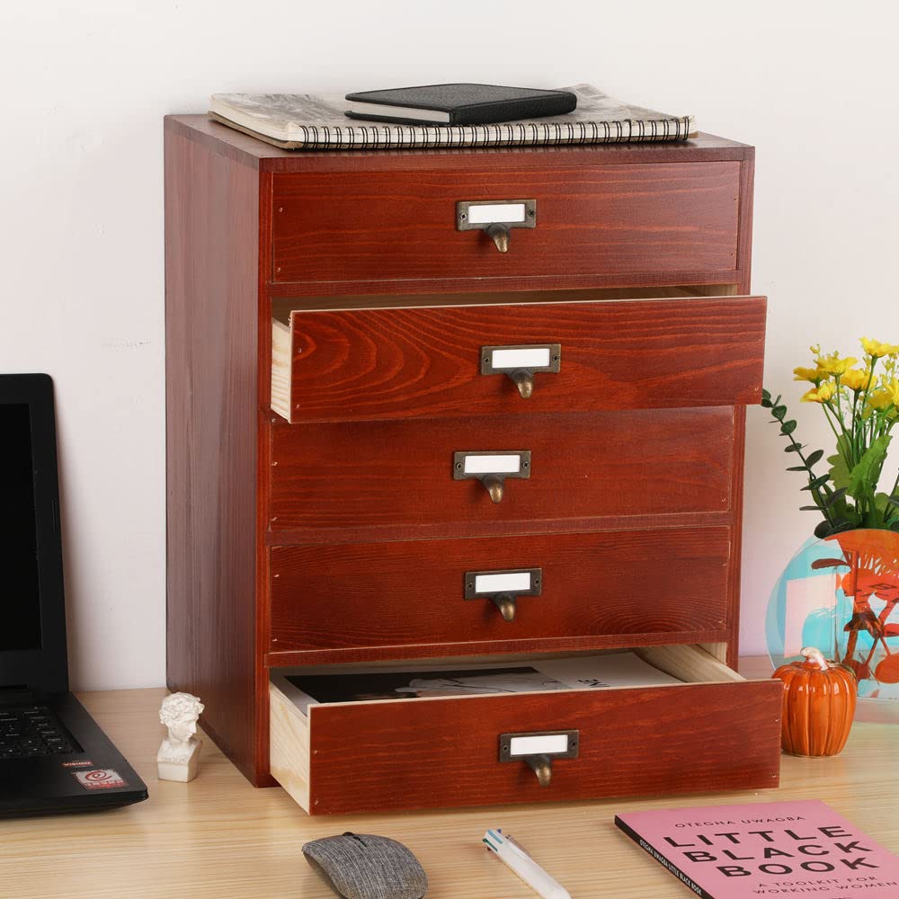 GoooodGIFT Large Wooden Drawer Rustic Desk Organizers and Accessories Wooden Storage Dox with Drawers Paper Storage Drawer Wood File Organizer Library Card Catalog Cabinet Apothecary Cabinet (L-BROWN)