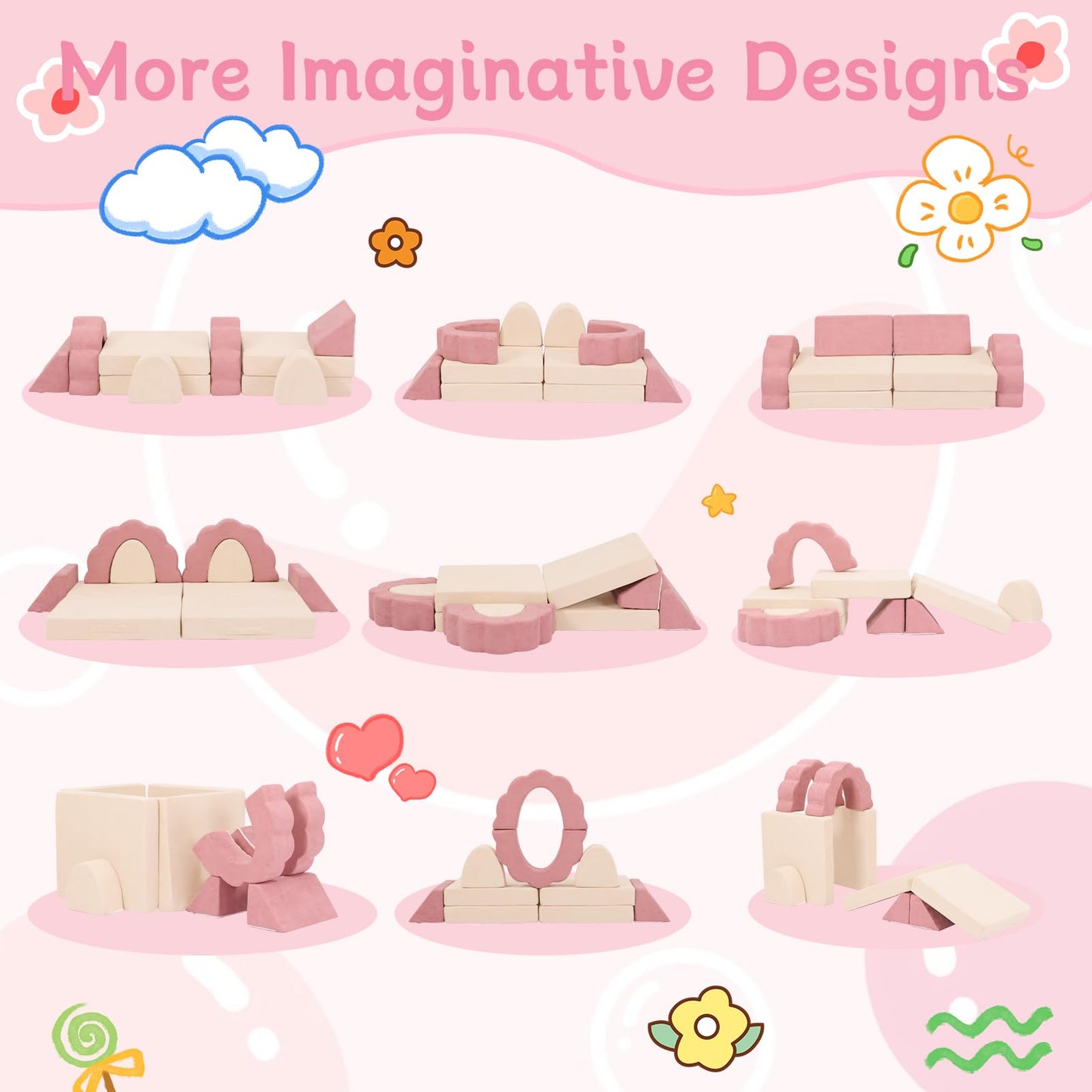 Annualring 10-Piece Mini Kids Play Couch, Modular Flower Foam Sofa, Convertible Soft Play Sofa with Washable Cover, Indoor Climbing Furniture for Playroom, Pink & Beige