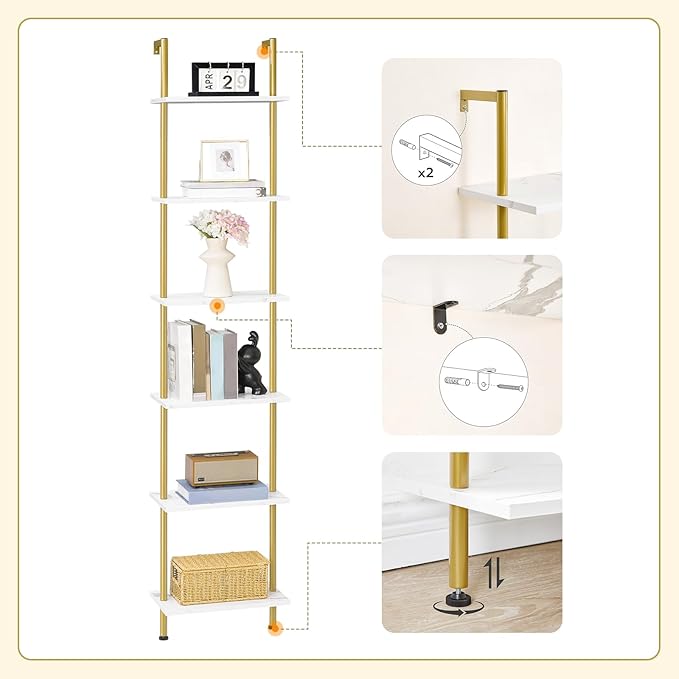 HOOBRO DIY Ladder Shelf, 6-Tier Wooden Wall Mounted Bookshelf, Narrow Gold
