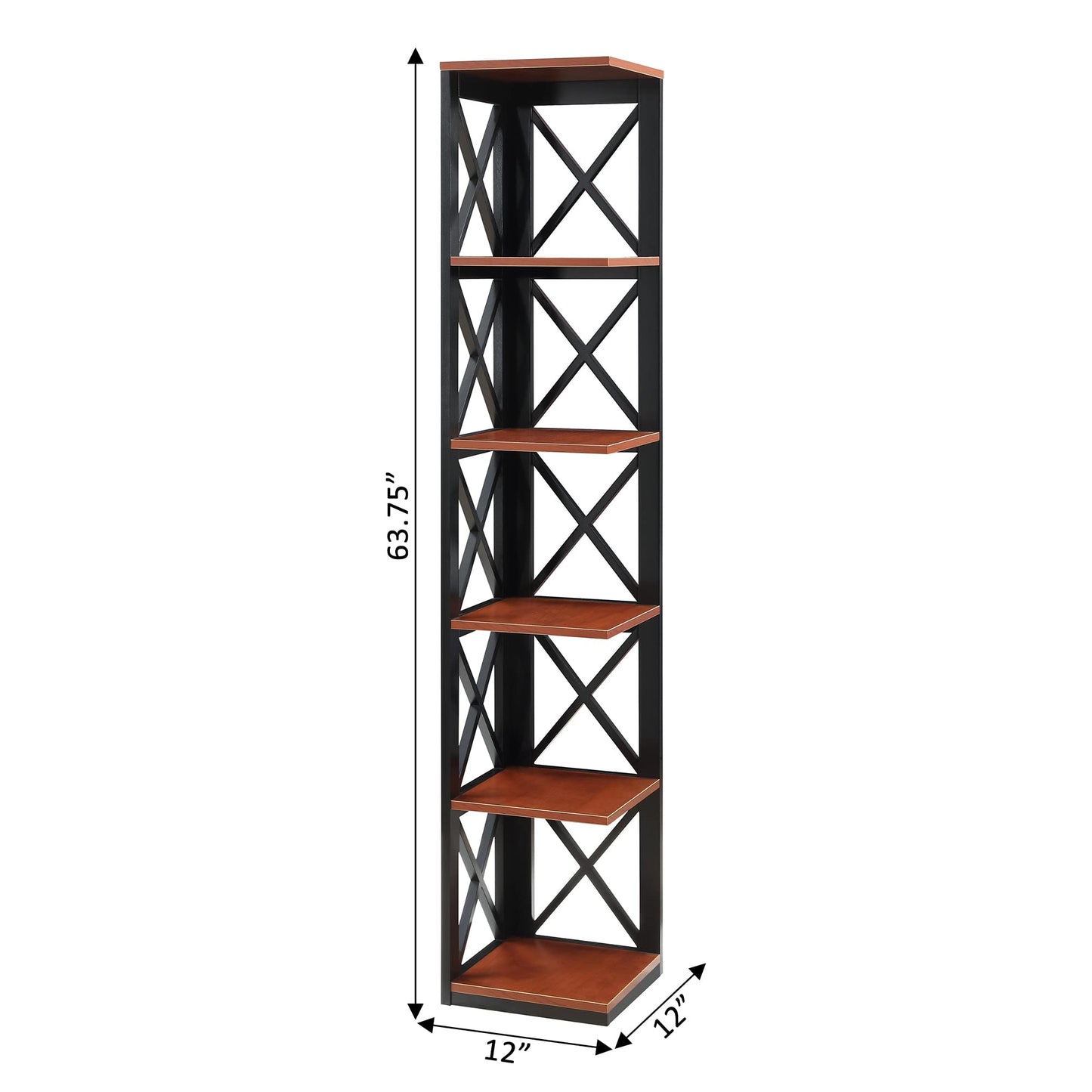 Convenience Concepts Oxford Corner Bookcase 12" - 5-Tier Slim Farmhouse Bookcase for Modern Living & Family Room, Media Storage Organizer for Home Office Library, Tall Shelving Unit, Cherry/Black