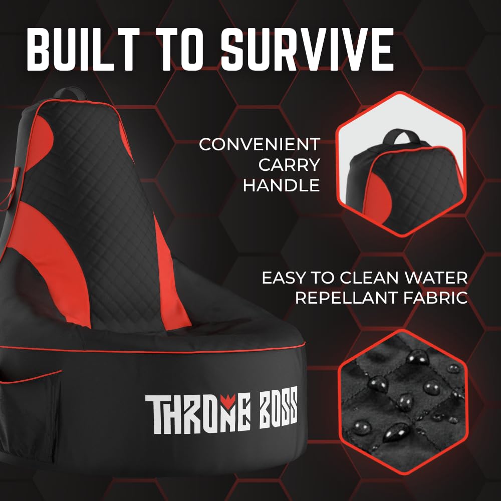 Throne Boss Gaming Bean Bag Chair Cover for Kids with High Back, Red – Gamer Chair for Kids with 2 x Large Side Pockets, Headphone Hanger, Easy to Clean Fabric, Requires 200 Liters Polystyrene Beans