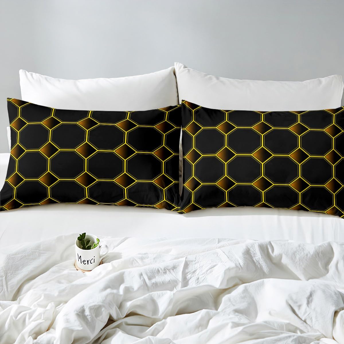 Honeycomb Bed Sheets Set Queen Size Geometric Hexagonal Beehive Sheet Set for Boys,3D Stereoscopic Yellow Hexagon Sheets,Neon Simplistic Geometrical Black Room Decor